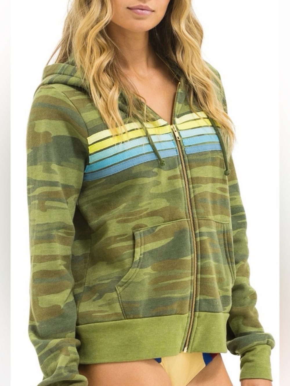 NWOT AVIATOR NATION 5 STRIPE HOODIE - CAMO // LIME AQUA